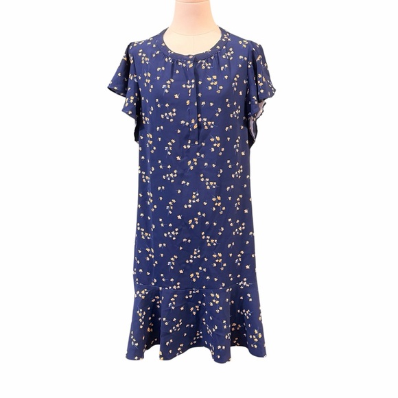 Tommy Hilfiger Ruffle Hem Flutter Sleeve Floral Print Shift Dress Navy Blue Sz M - Picture 4 of 16